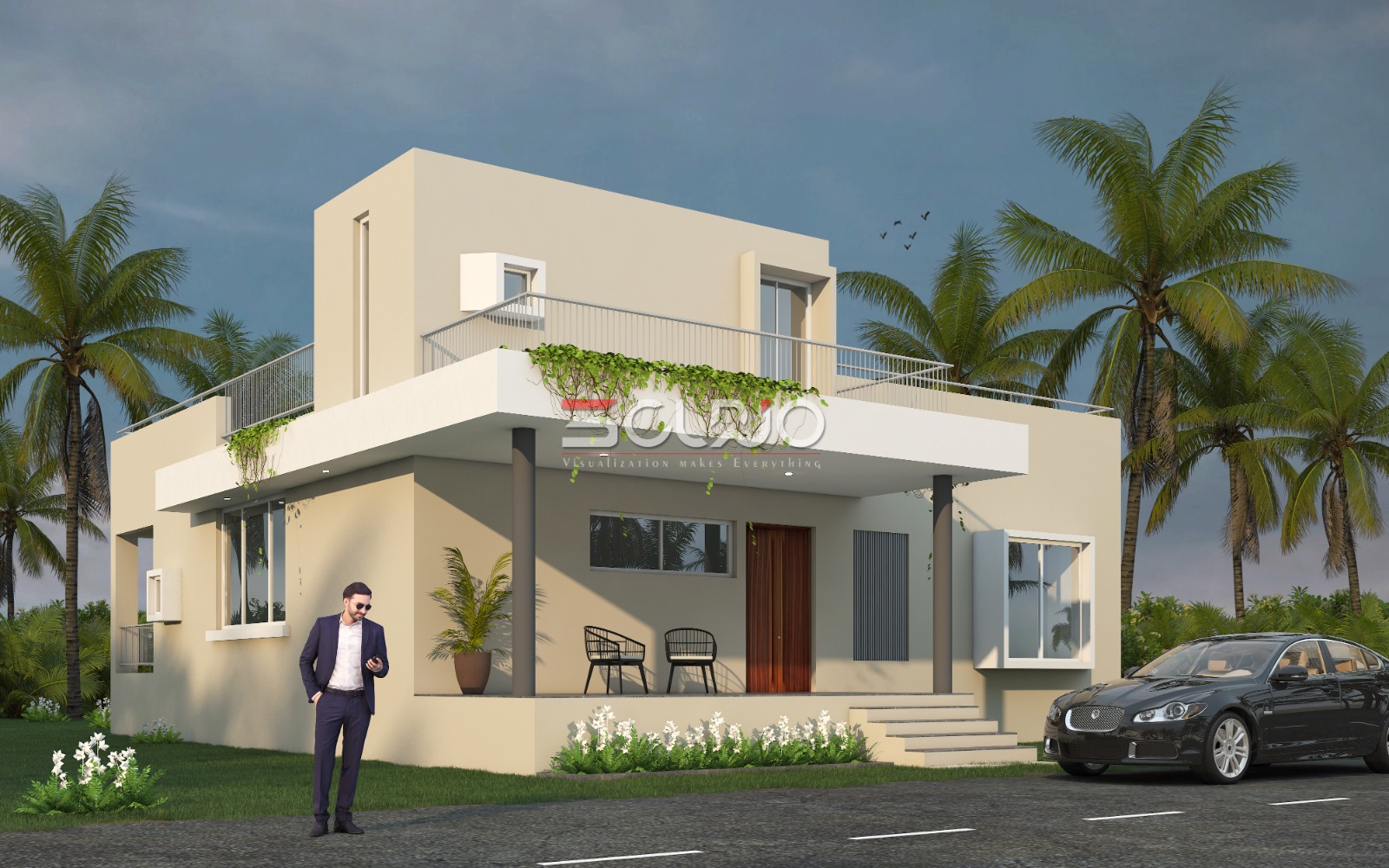 3d elevation design for house, single floor house front design 3d.