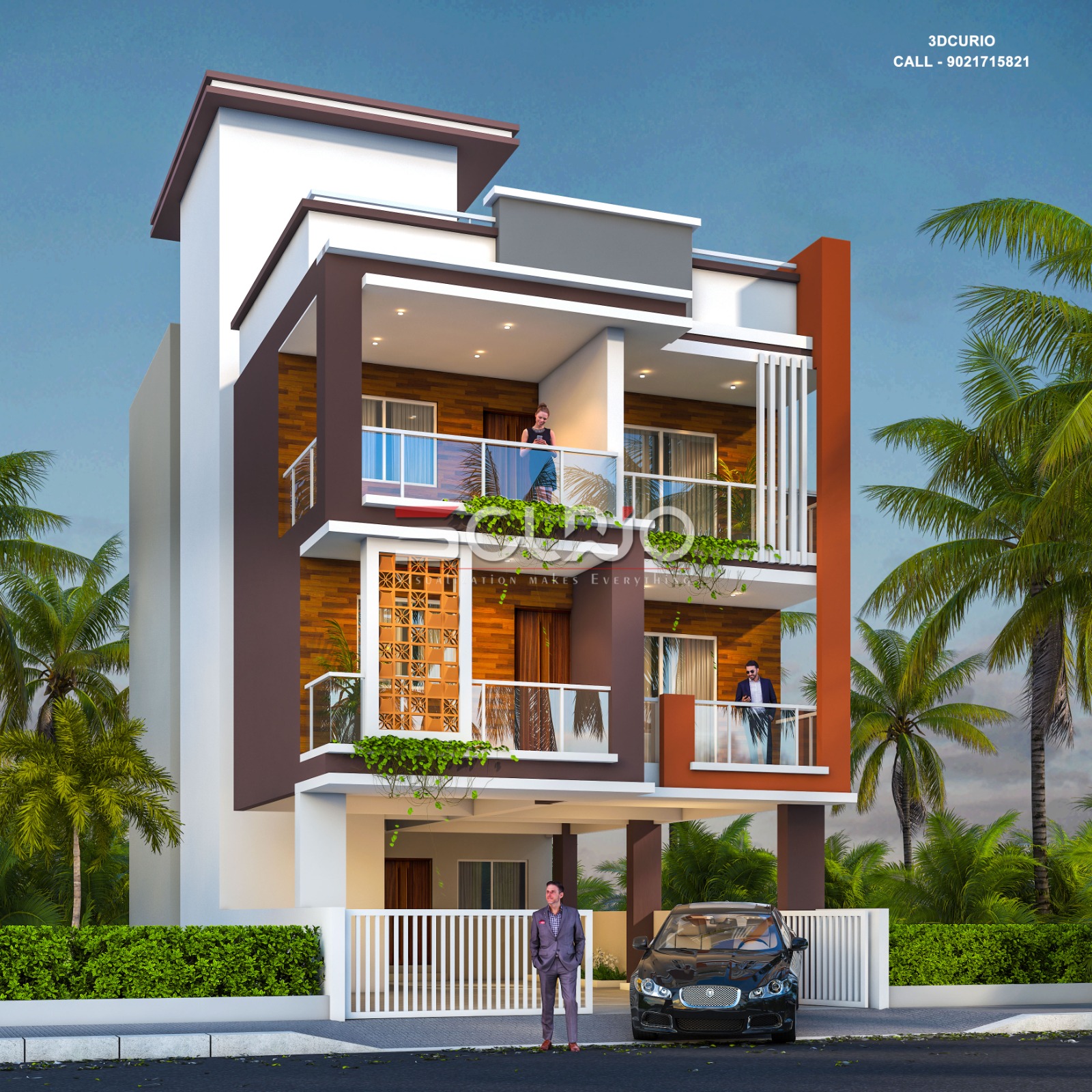 Parking + 2 floor bungalow 3d elevation render near me