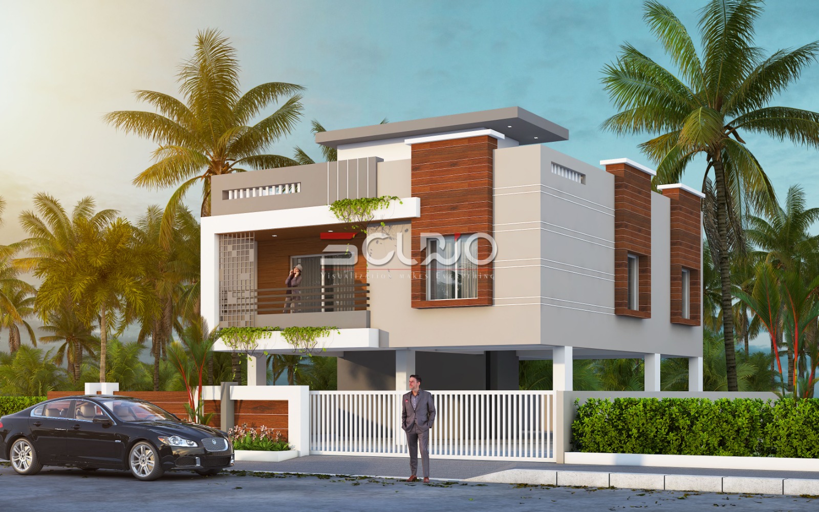 Parking + One floor, bungalow 3d elevation desing render near me.