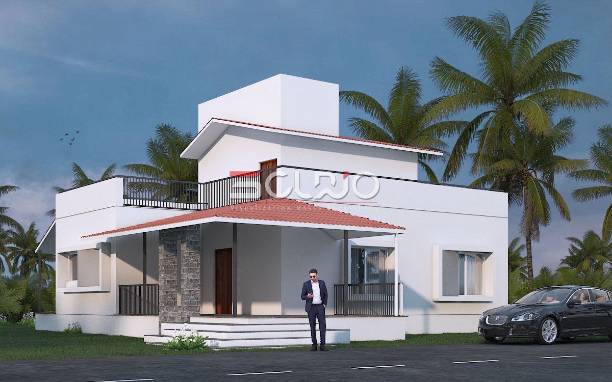 ground + first floor sloping roof 3d elevation design an rendring